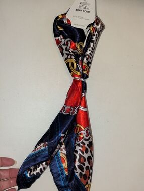 Ella's Silky Scarf - Red, Navy & Gold Chain Print
